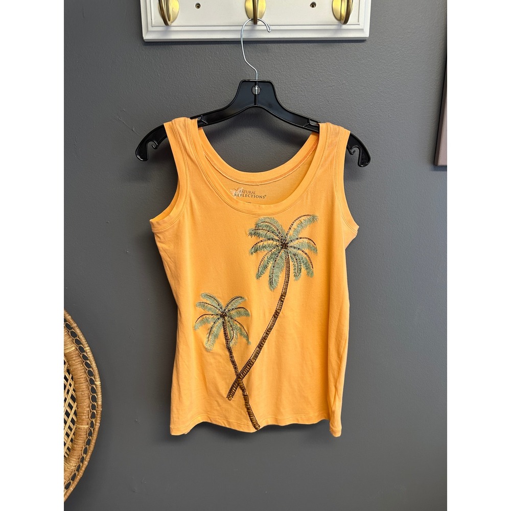 Natural Reflections Womens Orange Palm Tree Beaded Embroidered Tank Top Size M